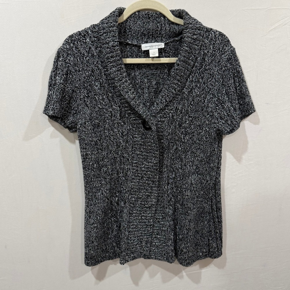Christopher‎ & Banks Womens Black White Marled Cotton Short Sleeve Cardigan M